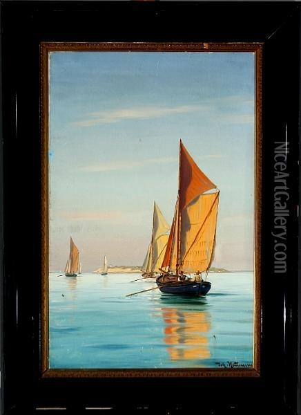 Coastal Scenery With Sailing Boats In The Evening Sun Oil Painting - Johann Jens Neumann