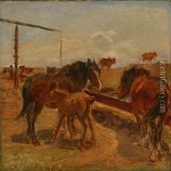 Horses At Gammelgard's Well, Saltholm Island Oil Painting - Theodor Philipsen