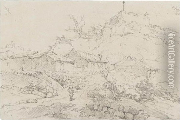 A Figure On A Track Below A 
Citadel (illustrated); And A Study Of A Chinese Fisherman, Gamblers And 
Two Goats (recto) And Subsidiary Figure Studies (verso) Oil Painting - George Chinnery