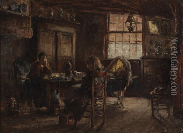 A Mother And Her Children In A Cottage Interior Oil Painting - Armand Jamar