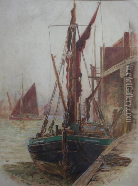 A Fishing Boat Moored Up At A Quay Signed Oil Painting - Thomas Marie Madawaska Hemy