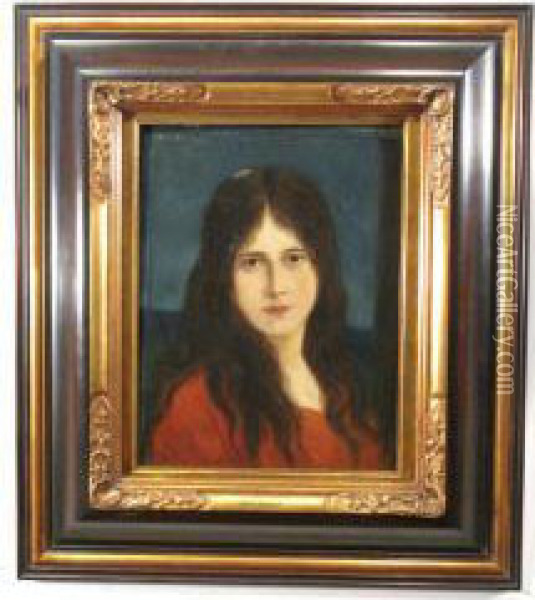 Portrat Eines Jungen Madchens 
Mit Langen Braunen Haaren In Rotem Kleid, Den Betrachter Anschauend Oil Painting - Anton Kaulbach