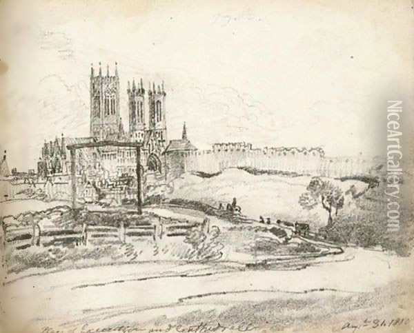Landscape with a cathedral behind Oil Painting - George Arnald