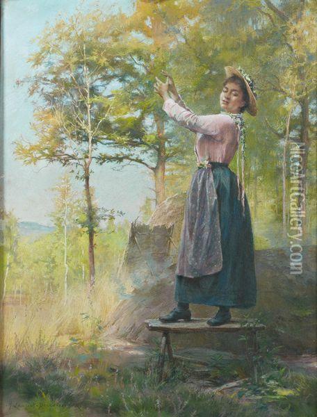 Jeune Femme Debout Sur Un Banc, Posant En Lisiere De Foret Oil Painting - Henri Laurent-Desrousseaux