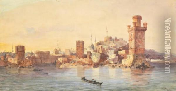 Vue De Rhodes Oil Painting - Eugene Napoleon Flandin