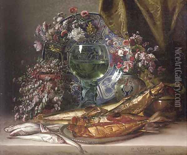 Fish on a platter, vases of summer blooms, a goblet of wine before a salver and a drape Oil Painting - Louis Verboeckhoven