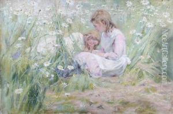 Two Young Girls In A Flower Meadow Oil Painting - Alexander Rossi