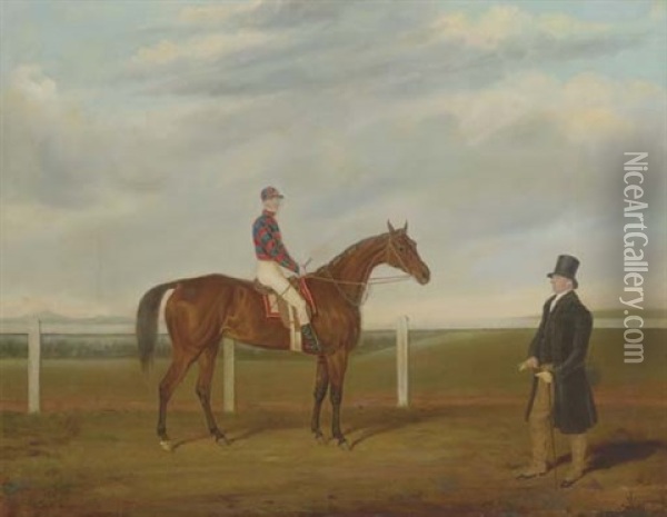 A Bay Racehorse With Jockey Up, And His Owner, On A Racecourse (captain B. Davies's "merry Lass" With Reed Up, On Brecon Racecourse) Oil Painting - James Loder Of Bath