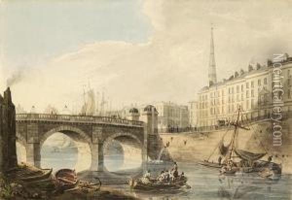 Bristol Bridge And St. Nicholas Church Oil Painting - John William Hill
