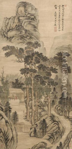 Mountain Landscape With A Dignitary In A Hut Oil Painting - Hong Ren