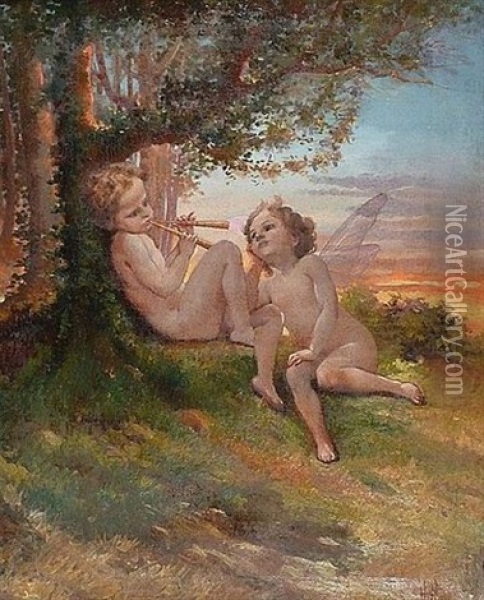 Amours Au Coucher Du Soleil (+ Another; 2 Works) Oil Painting - Henri Emmanuel Blanc-Fontaine