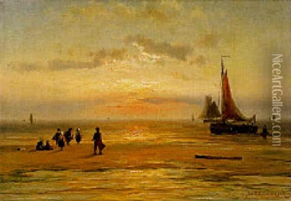 Children On A Beach At Sunset Oil Painting - Johannes Hermanus Barend Koekkoek