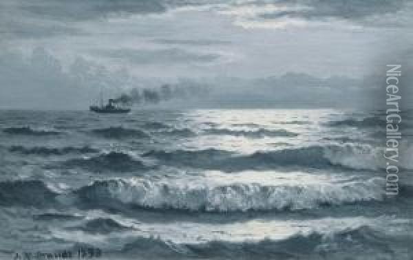 Meersbrandung Mit Dampfer Im Mondlicht Oil Painting - Johannes Herman Brandt