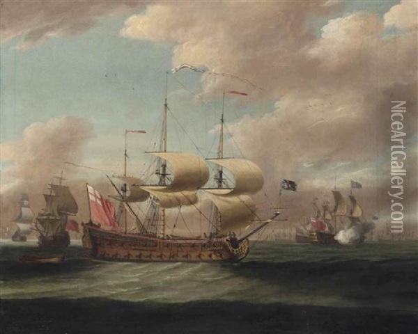 A Royal Navy 4th Rate Arriving At The Anchorage, With The Fleet Announcing Her Arrival Beyond Oil Painting - Isaac Sailmaker