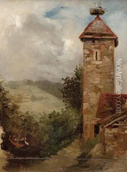 Turmgemauer Mit Storchennest In Landschaft Oil Painting - Franz Georg Kleber