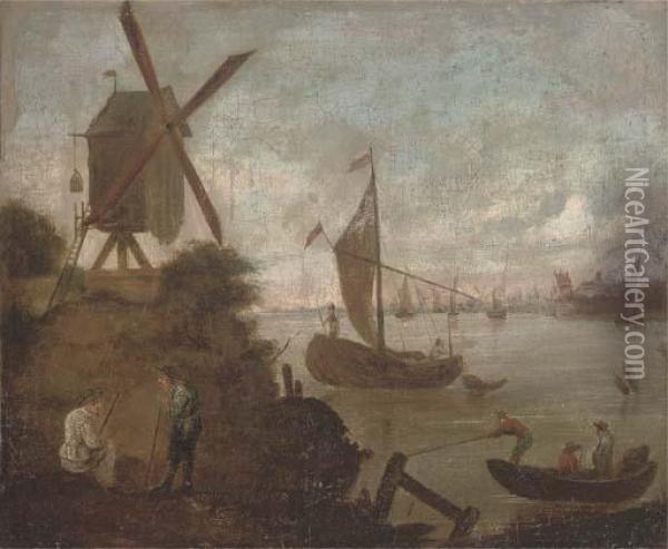 A River Landscape With Figures And Boats Oil Painting - Jacobus Storck
