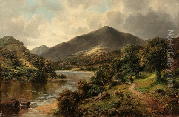 A River Landscape With Figures On A Path Oil Painting - Frederick Carlton