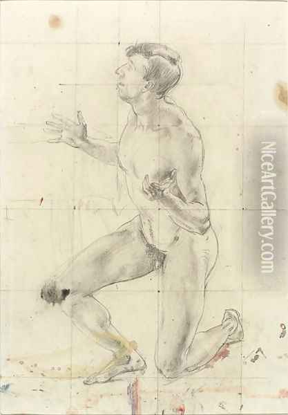 Study of a Kneeling Nude Man, turned to the left Oil Painting - Henry Tonks