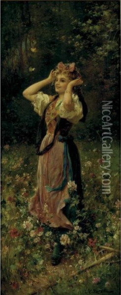 Young Woman In A Meadow Of Flowers Oil Painting - Hans Zatzka