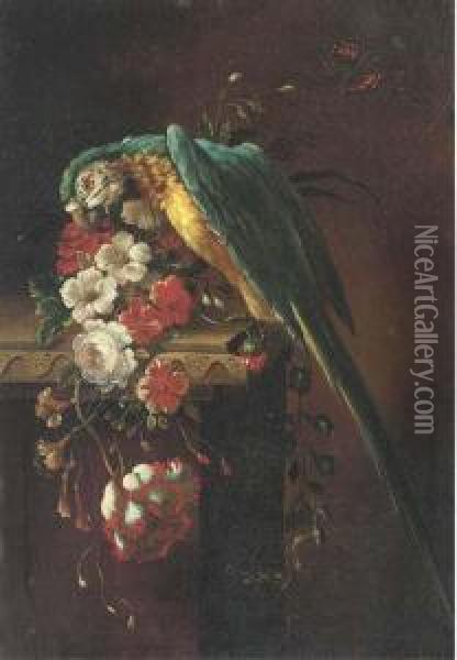 A Macaw On A Stone Ledge, With Poppies, Flowers And A Butterfly Tothe Side Oil Painting - Jakob Bogdani Eperjes C