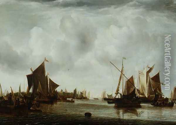Ships at Anchor in a Calm Oil Painting - Jan Van De Capelle