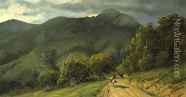 Riders On A Path Beneath Mount Tamalpais Oil Painting - Thaddeus Welch