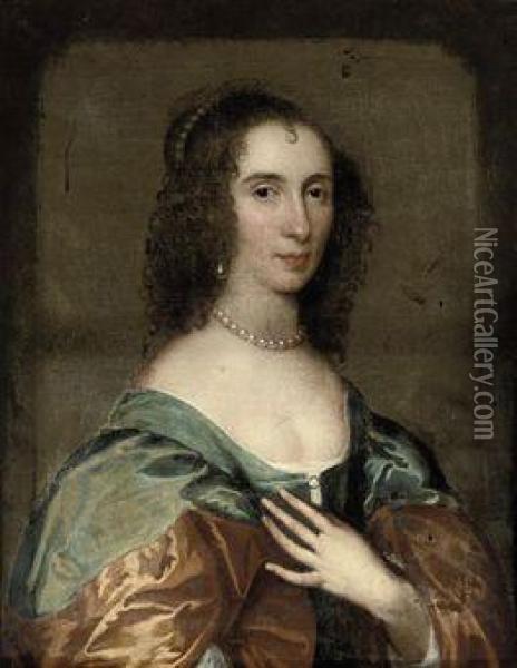 Portrait Of A Lady Traditionally
 Identified As Mrs Bridget Reade,bust-length, In A Blue Dress With A 
Rust Coloured Mantle, Withpearl Ornaments Oil Painting - Sir Anthony Van Dyck