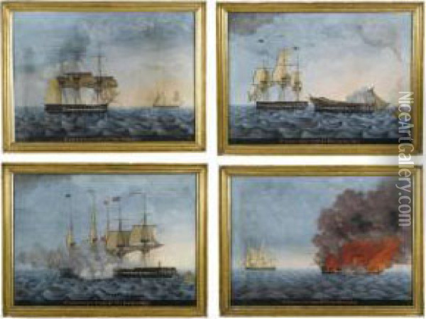 A Set Of Four Paintings: The Constitution And Guerriere Sighting Each Other; The Constitution And Guerriere Firing On Each Other; The Constitution And Guerriere Dismasted; The Constitution And Guerriere Burning Oil Painting - George Ropes