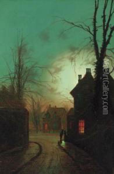 Figures On The Corner Of A Moonlit Street; And Figures On A Moonlitlane Oil Painting - Wilfred Jenkins