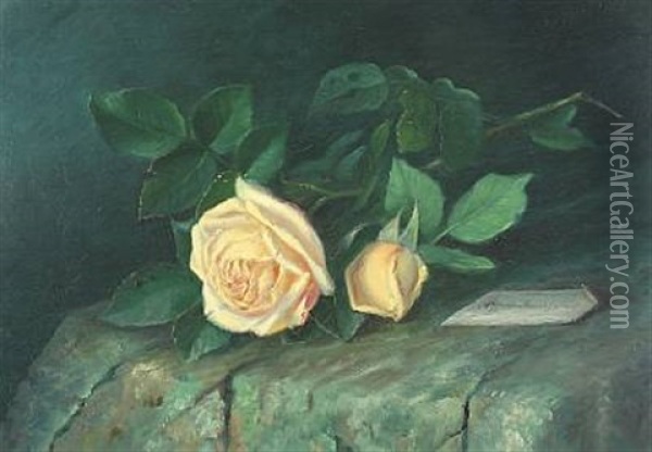 Roses On A Stone Bench Oil Painting - Alfrida Baadsgaard