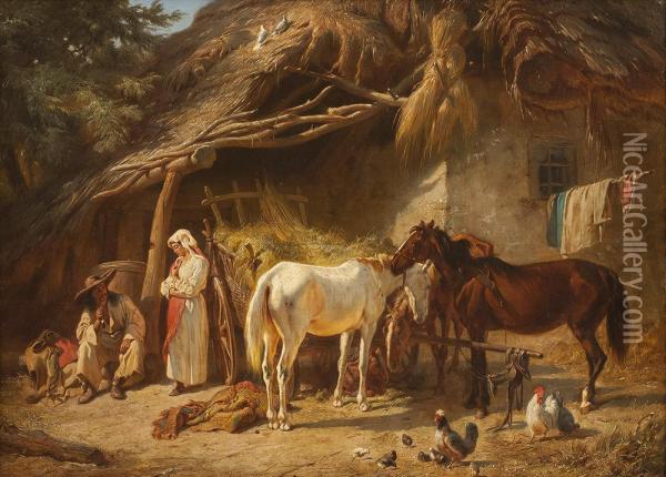 Zigeuner Bei Der Rast Mit Pferden Vor Bauernhaus Oil Painting - Franz Adam