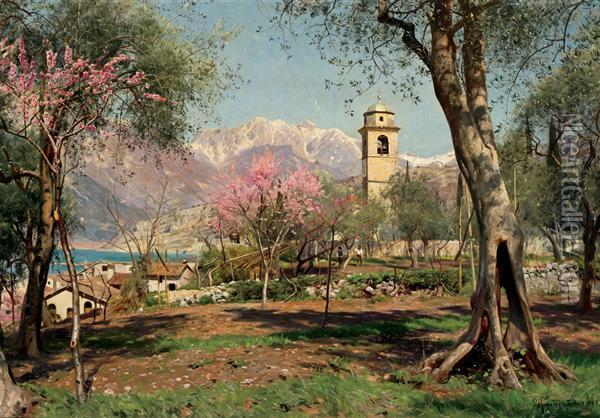 St. Andrea Church In Torbole Oil Painting - Peder Mork Monsted