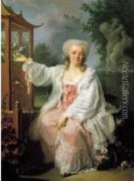  Portrait De Dame Assise Pres D'une Voliere En Forme De Pagode  Oil Painting - Jean Baptiste (or Joseph) Charpentier