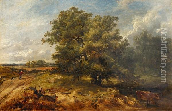 Wooded Stream With Cattle, Sheep And Figure Ona Path Oil Painting - James Stark