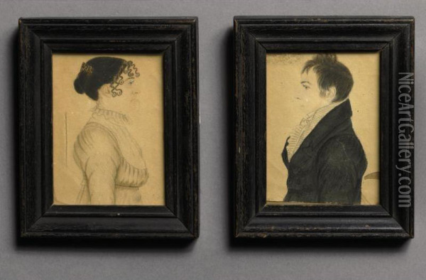 A Lady With Curls And Tortoiseshell Comb; A Gentleman With Tousled Hair: A Pair Of Miniature Profile Portraits Oil Painting - Rufus Porter