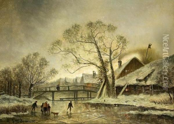Winterlandschaft Mit Eisvergnugen Auf Einem Zugefrorenem Fluss Oil Painting - Adolf Stademann
