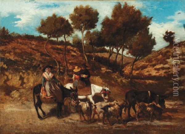Le Retour Du Marche Oil Painting - Emile (Charles Joseph) Loubon