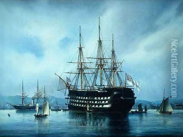 An English warship at anchor off a port Oil Painting - Jean Altamura