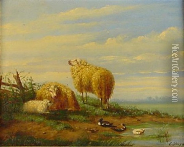 Schafe Und Federvieh Am Ufer Eines Teiches Oil Painting - Laurens Plas