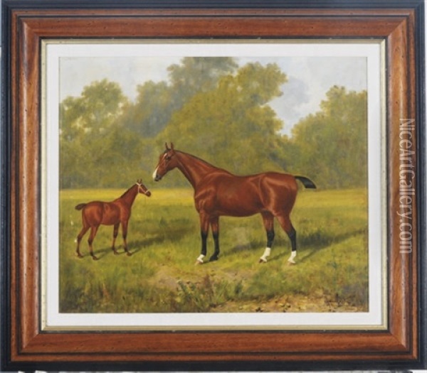A Chestnut Mare With Her Foal Oil Painting - James Clark