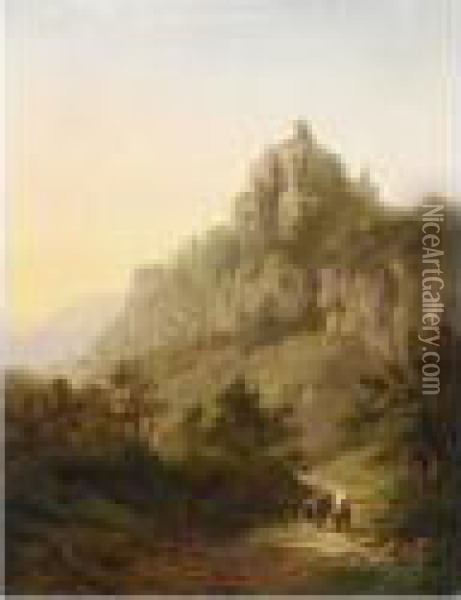 Travellers In A Mountainous Landscape Oil Painting - Alexander Joseph Daiwaille