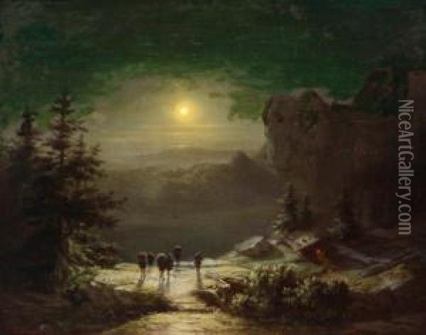 Schmuggler Im Gebirge Bei Mondschein Oil Painting - Karl Heilmayer