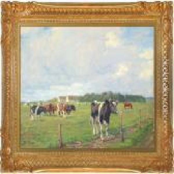 Grazing Cows On The Meadow Oil Painting - Harald Kjaer