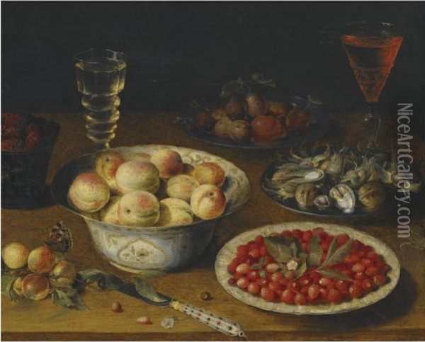 A Still Life With Peaches, Fraises De Bois, Mulberries And Plums,together With A Plate Of Hazelnuts And Walnuts, A Knife And Twowine Glasses On A Wooden Tabletop Oil Painting - Osias, the Elder Beert