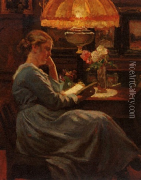 Reading By Lamplight Oil Painting - Viggo Pedersen