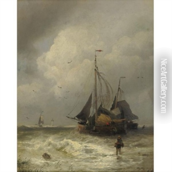 Fishing Boats At Scheveningen, Holland Oil Painting - Hermann Herzog