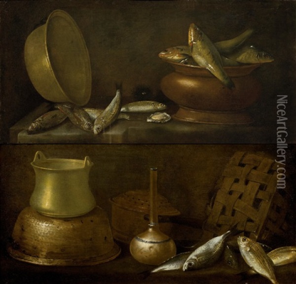 Pair Of Works: Still Life With Fish Oil Painting - Giuseppe Recco
