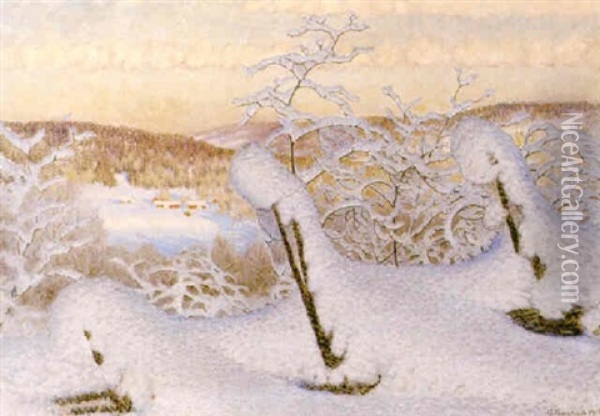 Solig Vinterdag Oil Painting - Gustaf Fjaestad