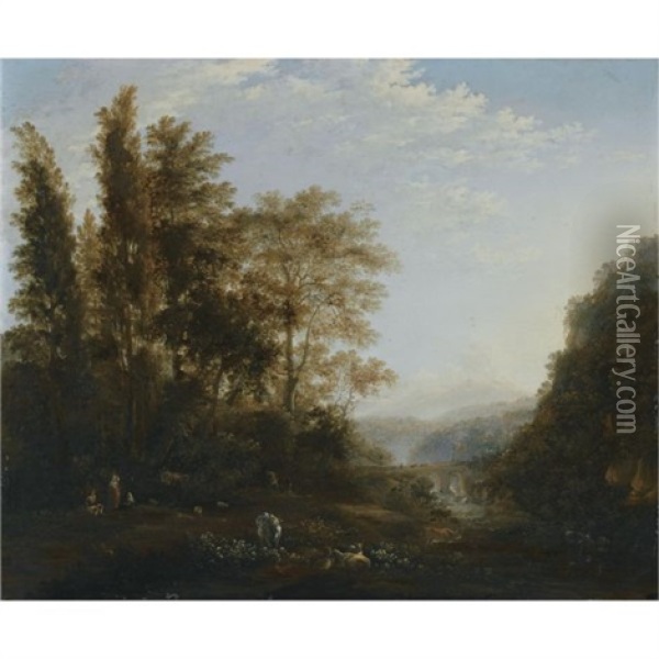 A Forest Landscape With Shepherds Resting With Their Cattle In The Foreground, An Aqueduct Beyond Oil Painting - Adam Pynacker