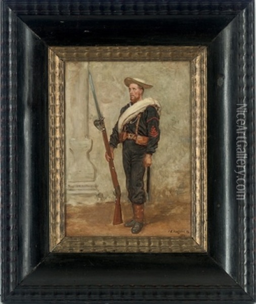 Portrait Of A Blue Jacket From The Naval Brigade On Service In Egypt In Military Uniform Holding A Rifle In His Right Hand Oil Painting - John Evan Hodgson